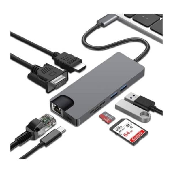E-GREEN konverter USB-C (m) na HDMI/VGA/2xUSB 3.0/RJ45/MicroSD/SD (ž/ž/ž/ž/ž/ž) 0