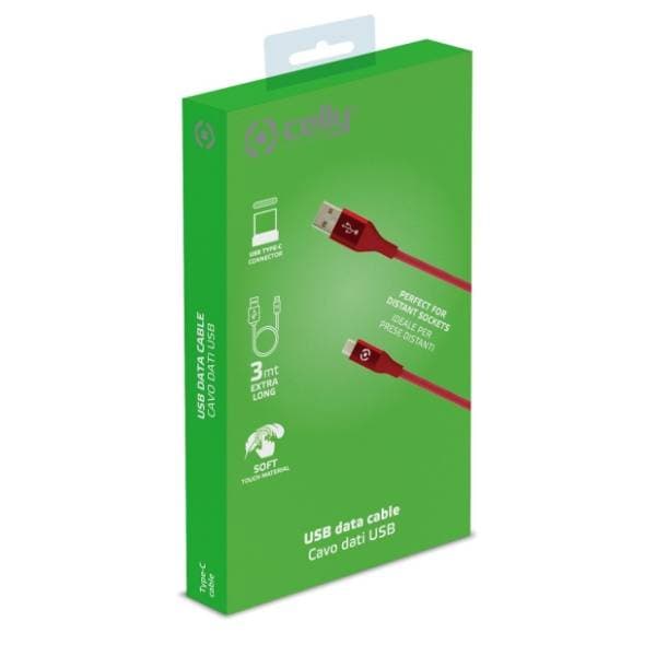 CELLY konverter kabl USB-A na USB-C (m/m) 3m crveni 3