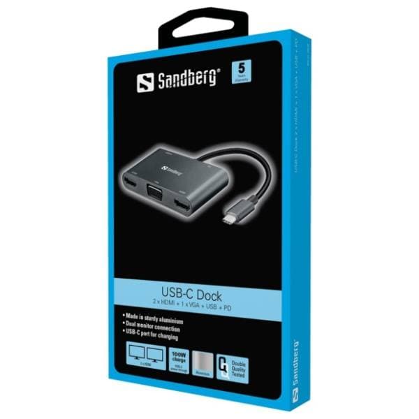 SANDBERG USB Hub USB-C/2x HDMI + VGA + USB 3.0 + USB-C PD 1