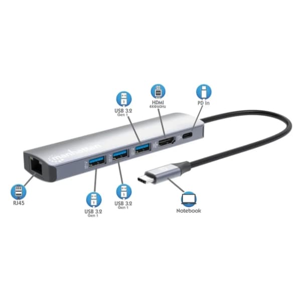 MANHATTAN Docking station 6-in-1 PD/4K Multiport Hub 6