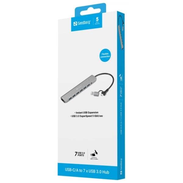 SANDBERG USB Hub 7-in-1 USB-A/USB-C 7 port USB 3.0 (136-66) 2