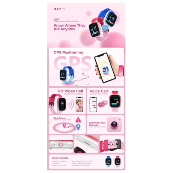 HAVIT KW12 roze pametni sat za decu 5