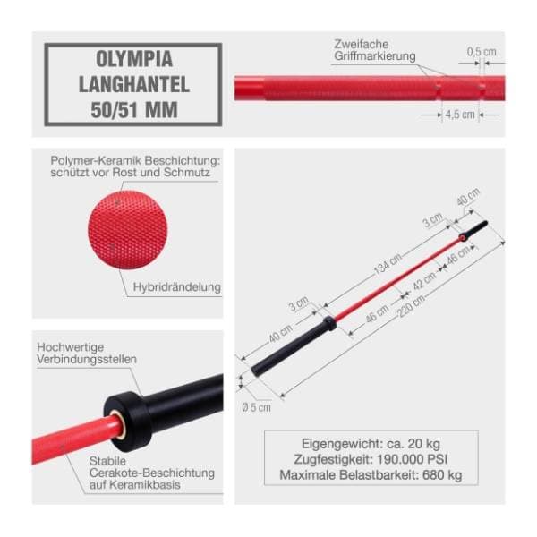GORILLA SPORTS profesionalna olimpijska šipka 220 cm crveno crna 1