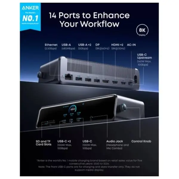 ANKER Docking station 14-in-1 Prime (Display Link/PD 140W) siva 1