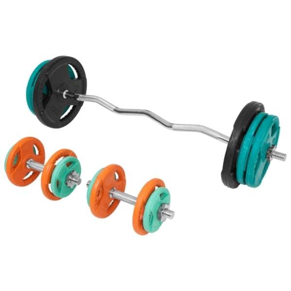 GORILLA SPORTS set Kriva EZ šipka, diskovi i dve bučice 70 kg 0