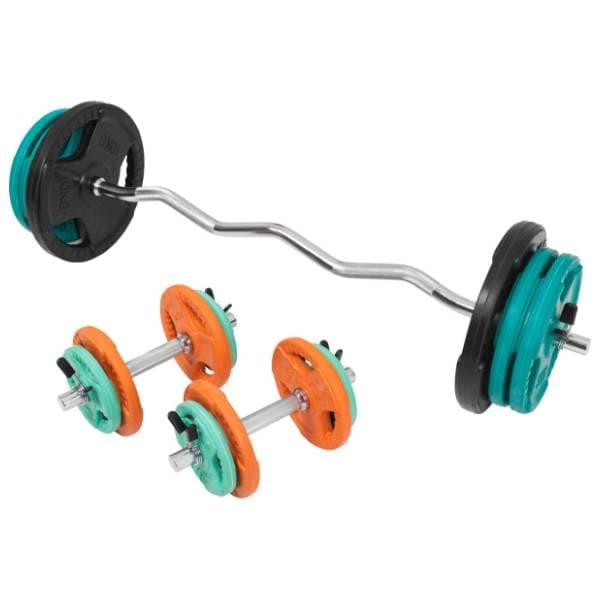 GORILLA SPORTS set Kriva EZ šipka, gumirani diskovi i 2 bučice 70 kg 0