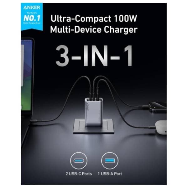 ANKER adapter Prime 100W GaN 3-porta srebrni 1