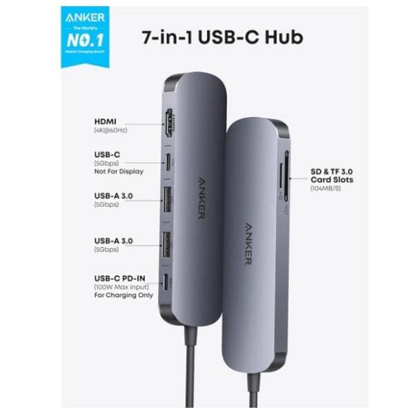 ANKER USB Hub 7-in-1 Nano USB-C sivi 1