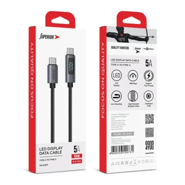 SUPERIOR kabl USB-C sa LED ekranom SU-K107 (100W 5A) 1m crni 1