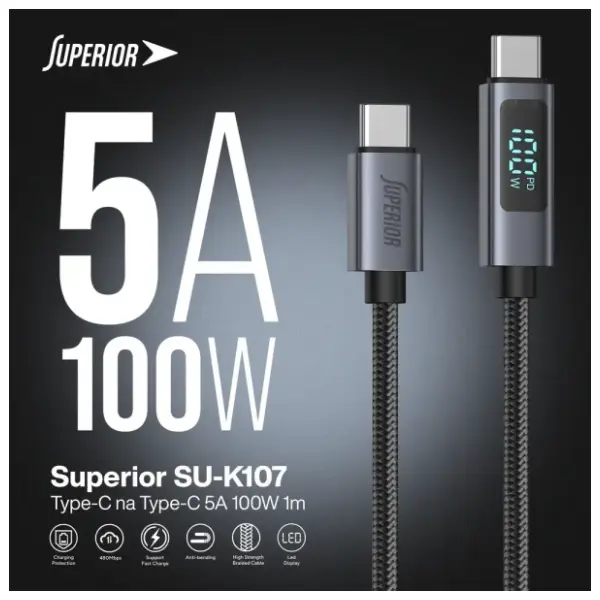 SUPERIOR kabl USB-C sa LED ekranom SU-K107 (100W 5A) 1m crni 3