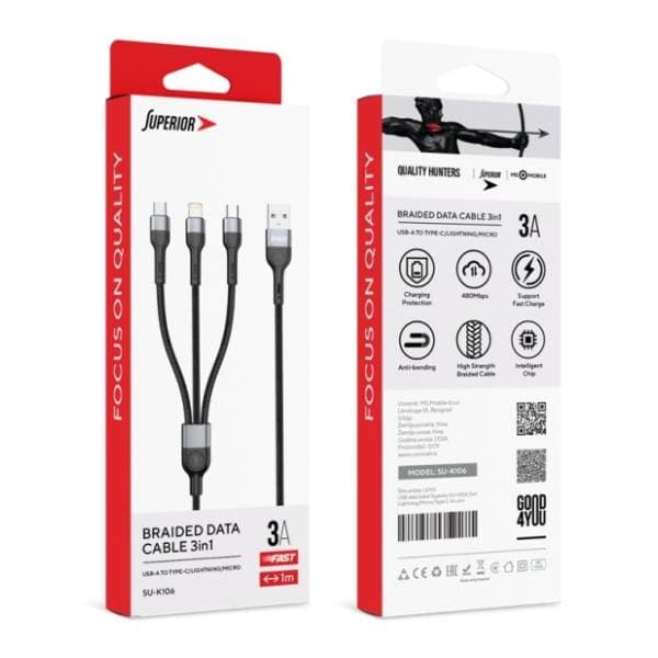 SUPERIOR konverter kabl USB-A na Lightning/Micro USB/USB-C SU-K106 1m crni 1
