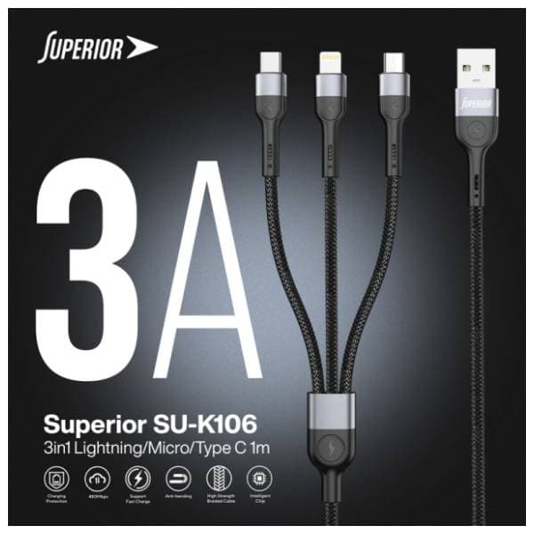 SUPERIOR konverter kabl USB-A na Lightning/Micro USB/USB-C SU-K106 1m crni 3