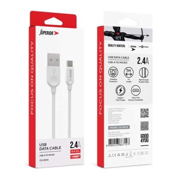 SUPERIOR konverter kabl USB-A na Micro USB CO-BX14 (2.4A) 1m beli 2