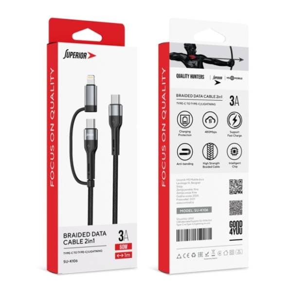 SUPERIOR konverter kabl USB-C na USB-C/Lightning SU-K106 60W 1m crni 1