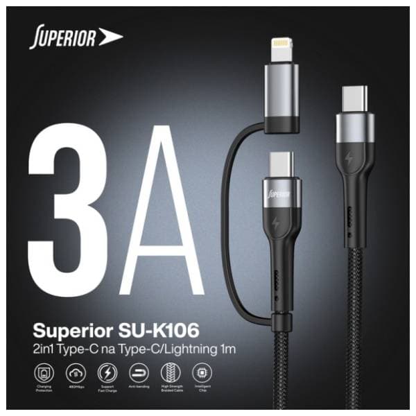 SUPERIOR konverter kabl USB-C na USB-C/Lightning SU-K106 60W 1m crni 2