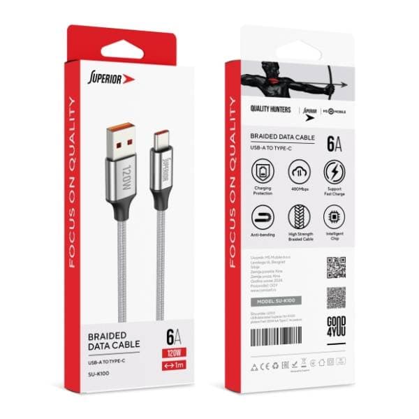 SUPERIOR konverter kabl USB-A na USB-C SU-K100 (Fast 120W 6A) 1m srebrni 3