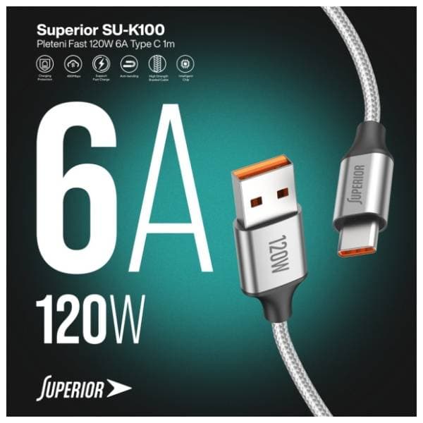 SUPERIOR konverter kabl USB-A na USB-C SU-K100 (Fast 120W 6A) 1m srebrni 5