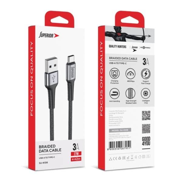 SUPERIOR konverter kabl USB-A na USB-C SU-K108 (Fast 27W 3A) 2m crni 2