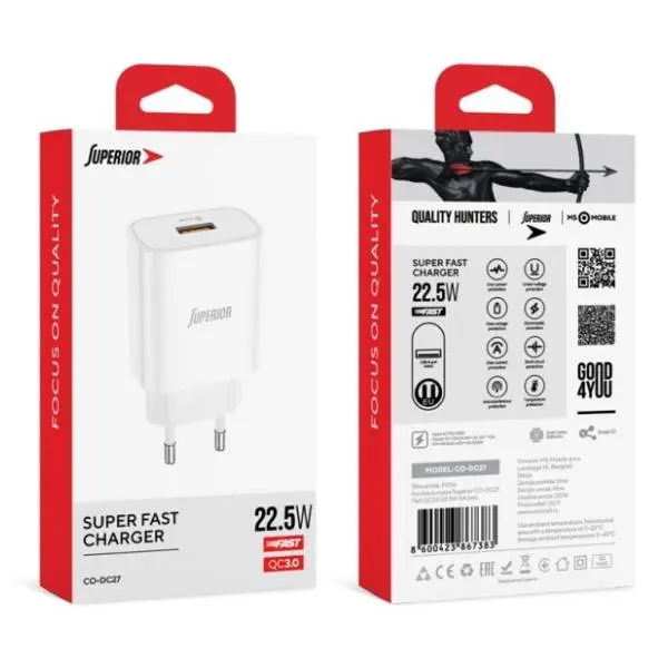 SUPERIOR punjač CO-DC27 Fast QC3.0 22.5W 5A beli 2