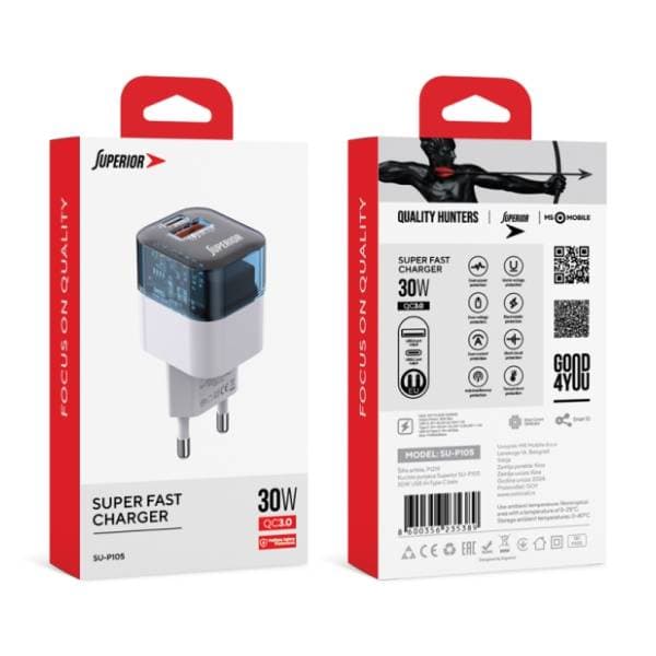 SUPERIOR punjač SU-P105 30W Super Fast USB A QC3.0+Type C beli 1