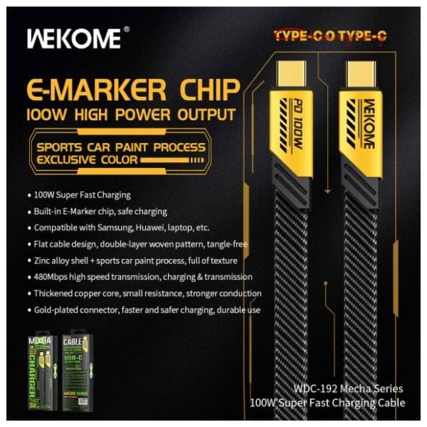 WEKOME kabl USB-C WDC-192 flat 100W 1m crno-žuti 1