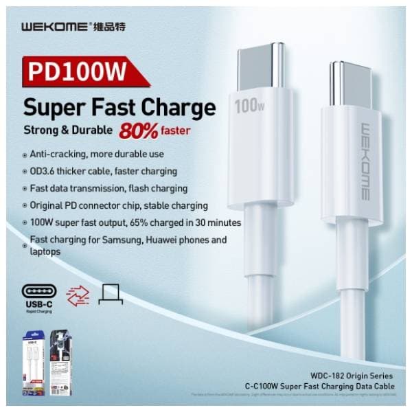 WEKOME kabl USB-C WDC-182 (za Superbrzo punjenje) 100W 1m beli 2