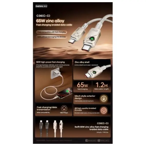 REMAX kabl USB-C Swift C36 fast charging 65W 1.2m crni 2
