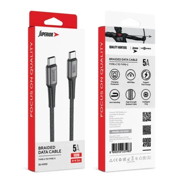 SUPERIOR kabl USB-C SU-K103 Fast (100W 5A) 1m Grey 2